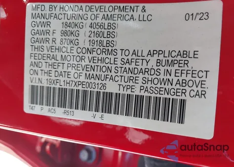 2023 Honda Civic Ex-L/Ex-L W/O Bsi z USA, uszkodzony, nr VIN 19XFL1H7XPE003126